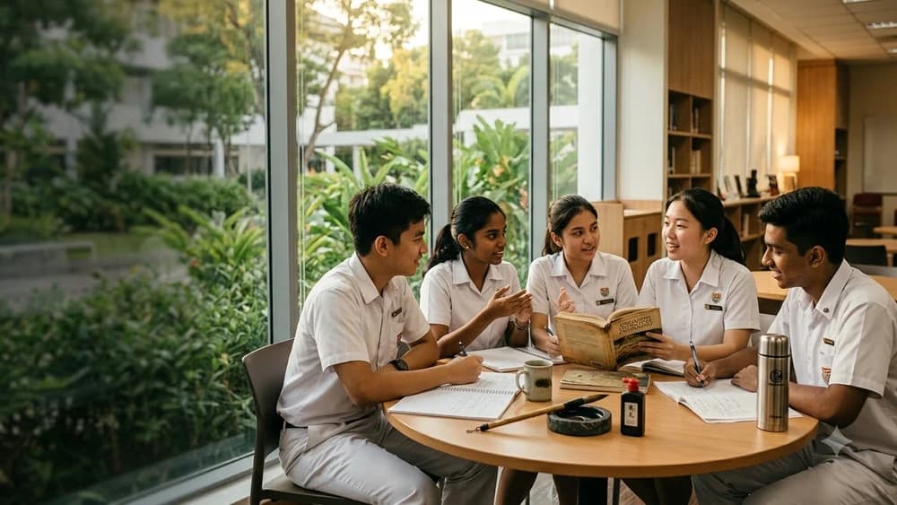 Junior college students in white uniforms discussing an open literature anthology around a table, with a calligraphy brush and inkstone on the table