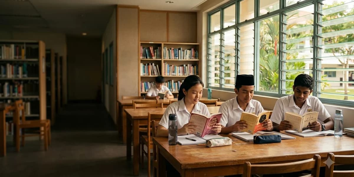 Singapore secondary students reading Chinese, Malay and Tamil literature together in a bright school library