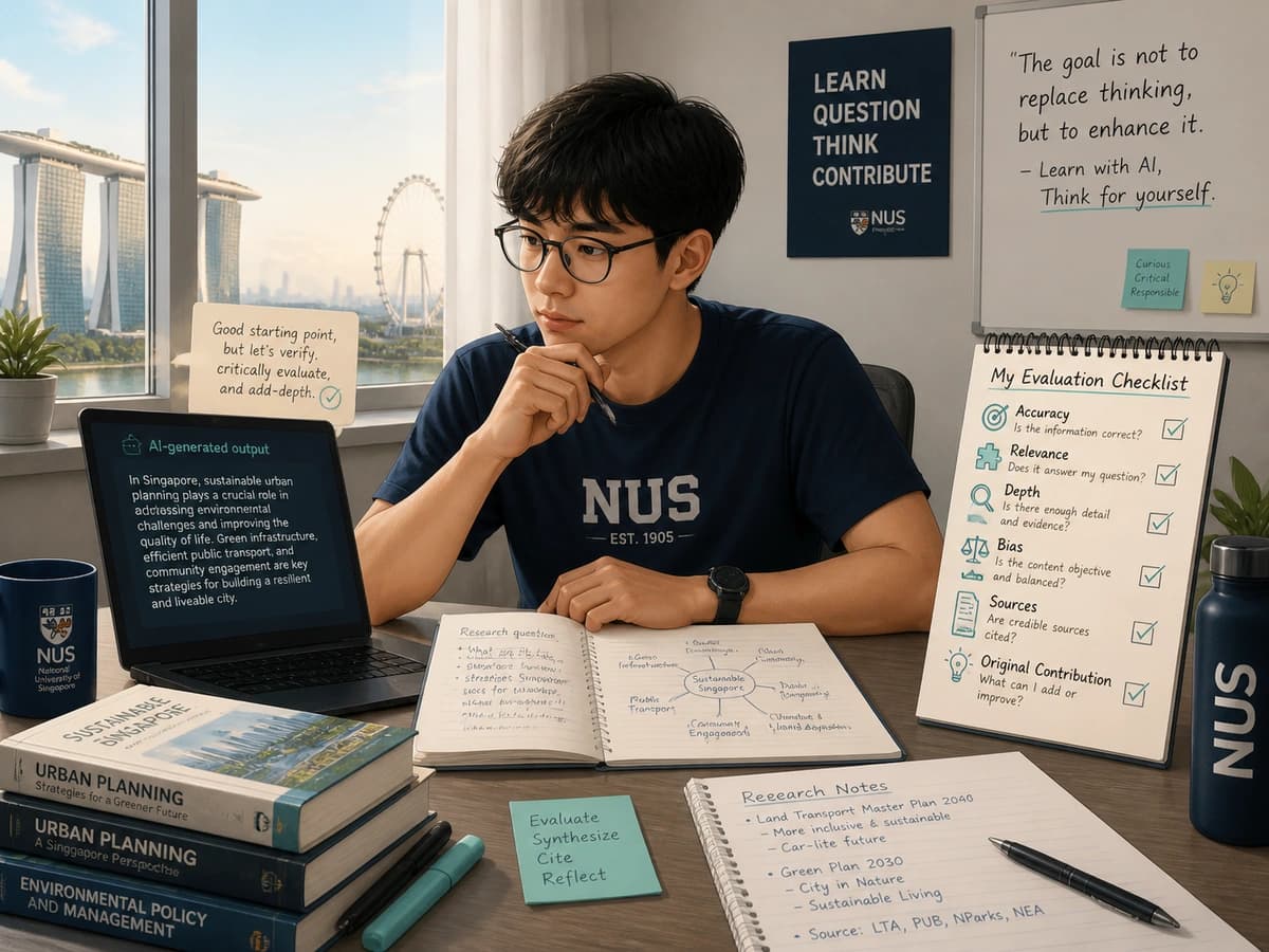 NUS undergraduate using AI for sustainable urban planning research alongside a 'Learn, question, think, contribute' whiteboard — Singapore higher education keeps critical thinking at the centre of AI use