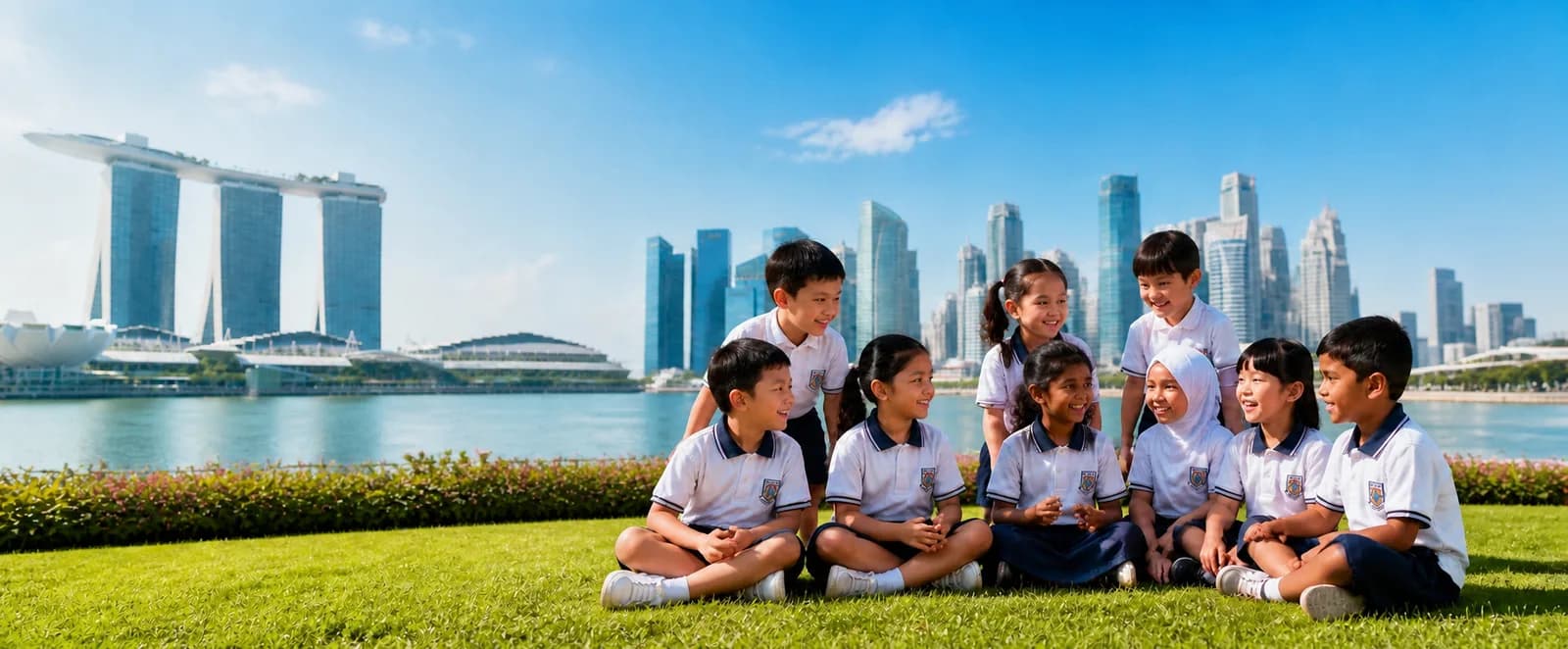 Children in Singapore school uniforms on the grass with the Marina Bay skyline behind — ECDA Anchor Operator preschools