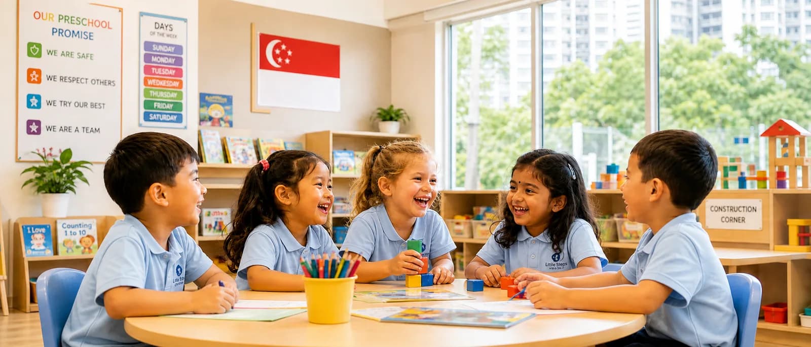 Children in light-blue uniforms at a classroom table with the Singapore flag on the wall — ECDA Partner Operator preschools
