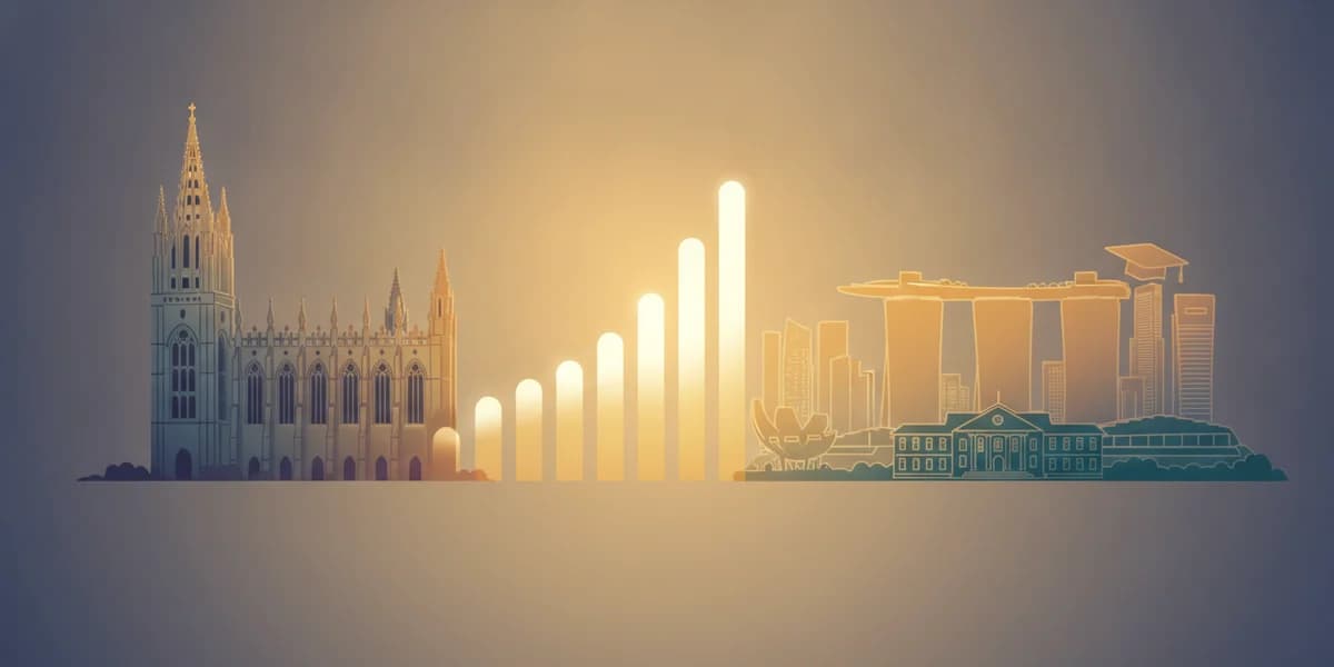 Cambridge University and Singapore skylines connected by rising admissions data bars