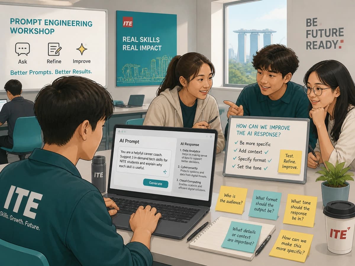 ITE first-year students at a Prompt Engineering Workshop in Singapore — practising 'Ask, Refine, Improve' on AI tools to build real, industry-relevant skills