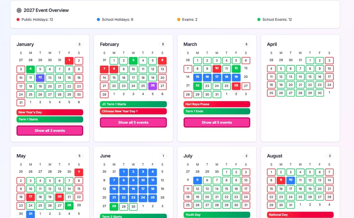 Live MOE Calendar 2027 — all 32 events: school terms, school holidays, public holidays and exams