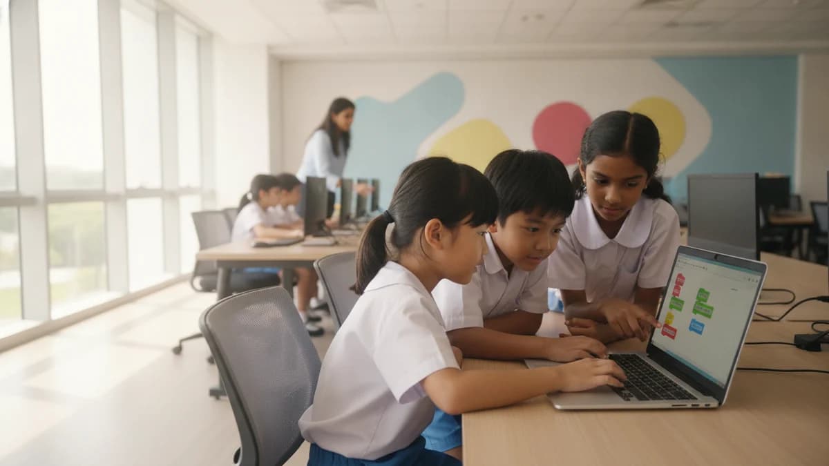 Pupils in a Singapore primary-school coding class, part of MOE's Code for Fun programme