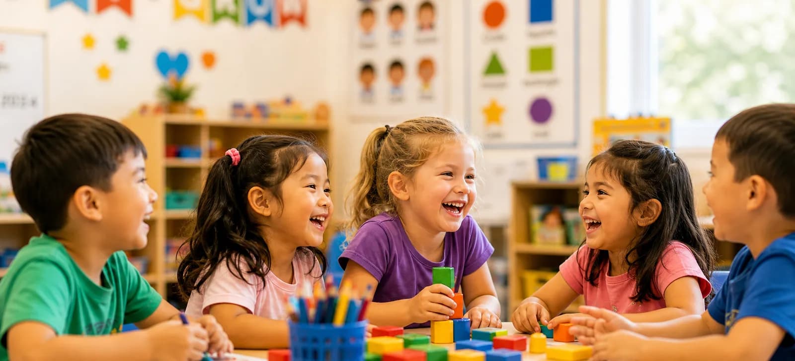 Young children laughing together at a preschool activity table with coloured pencils — private preschools in Singapore