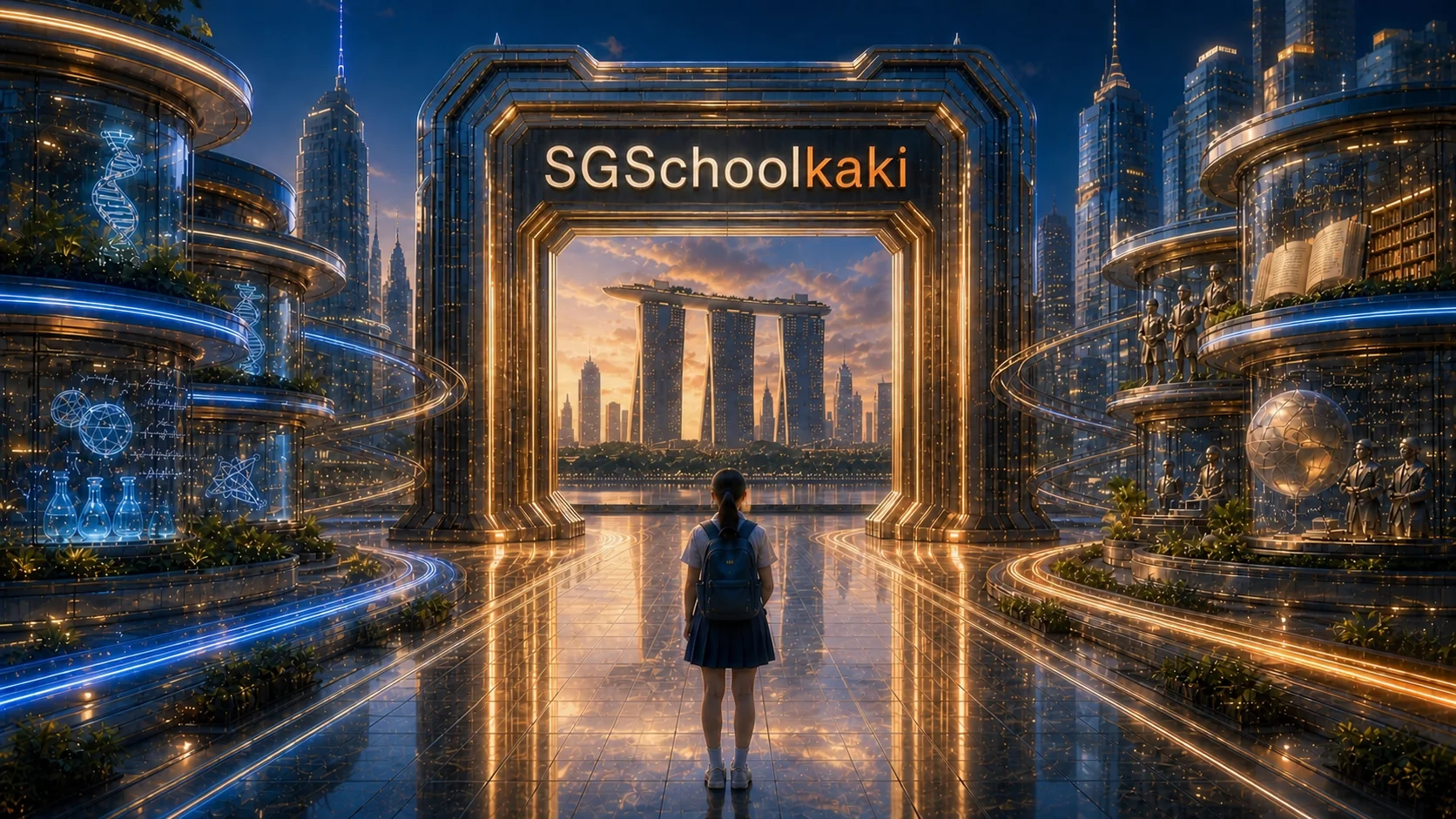 A Singapore student facing the SGSchoolKaki gateway — the polytechnic side-door into Marina Bay's skyline