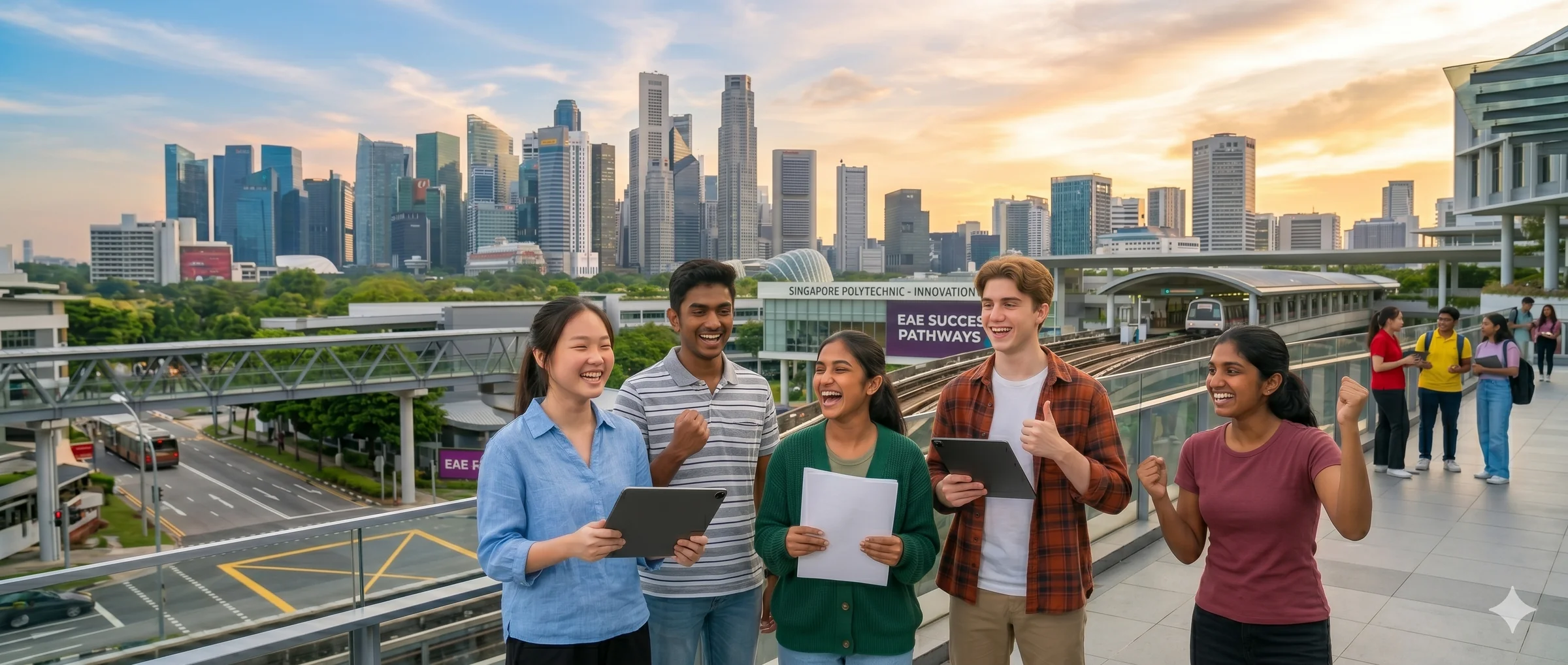 Singapore polytechnic students celebrating EAE eligibility on a campus walkway with the city skyline behind — diverse group holding tablets and score sheets