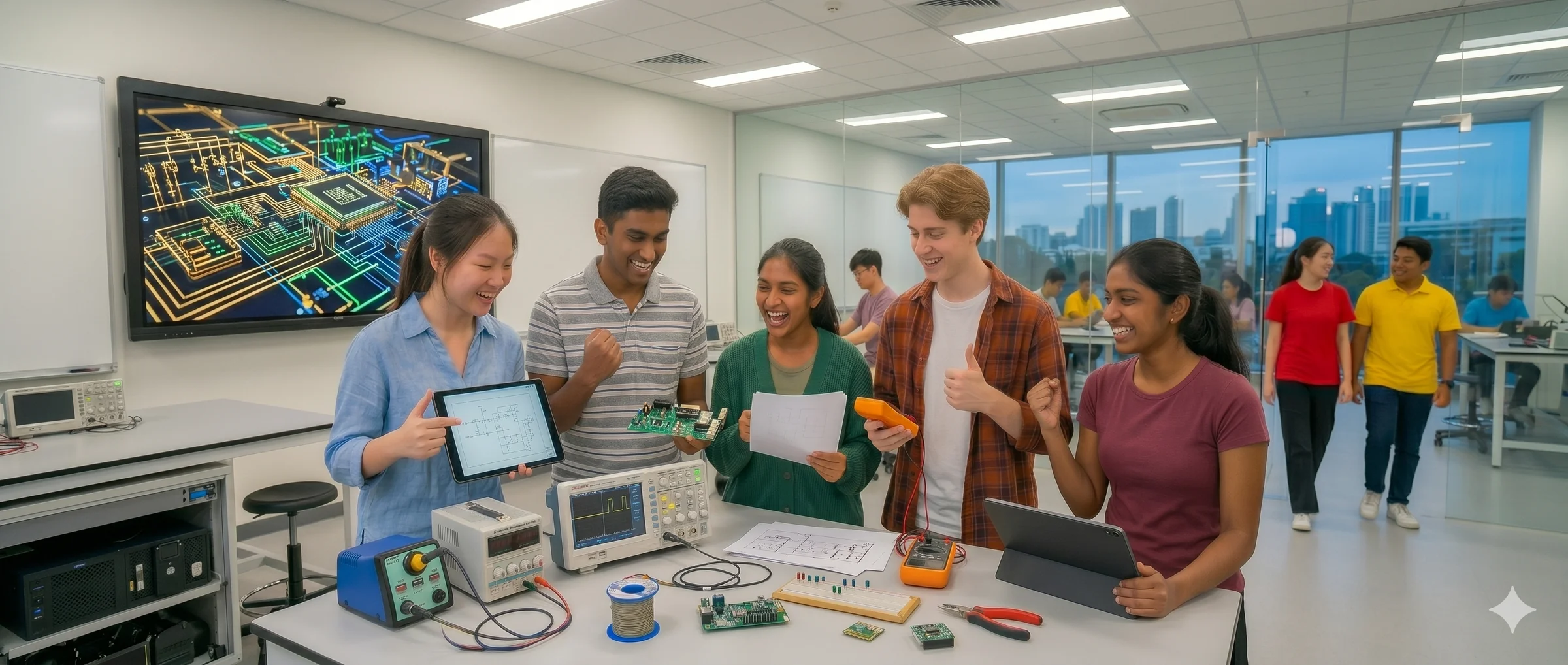 Singapore polytechnic students at a campus engineering lab preparing for an EAE interview — diverse group with electronics and circuit boards on a workbench