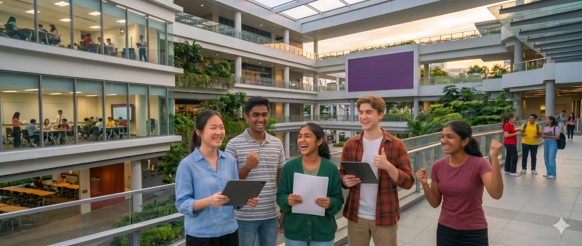 Singapore polytechnic students reviewing their EAE write-ups in a campus atrium — diverse group holding paper drafts