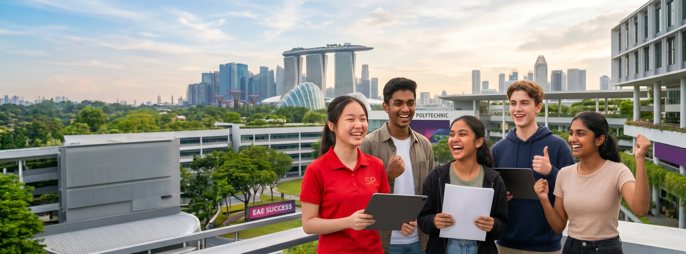 Singapore polytechnic students celebrating their EAE results — diverse group with Marina Bay skyline behind