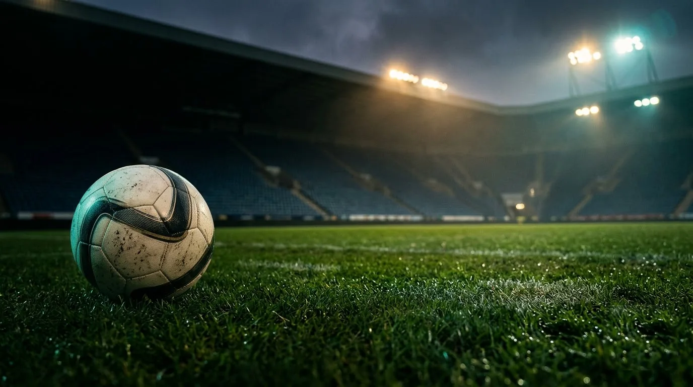 Football on a floodlit stadium pitch at night — National School Games football results tracked by SGSchoolKaki