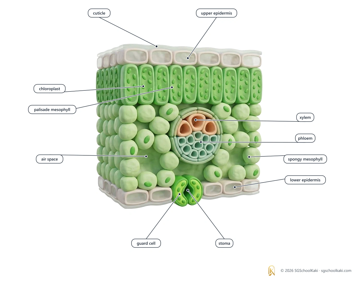 Labelled diagram: A section through a leaf, showing a stoma and the air spaces.