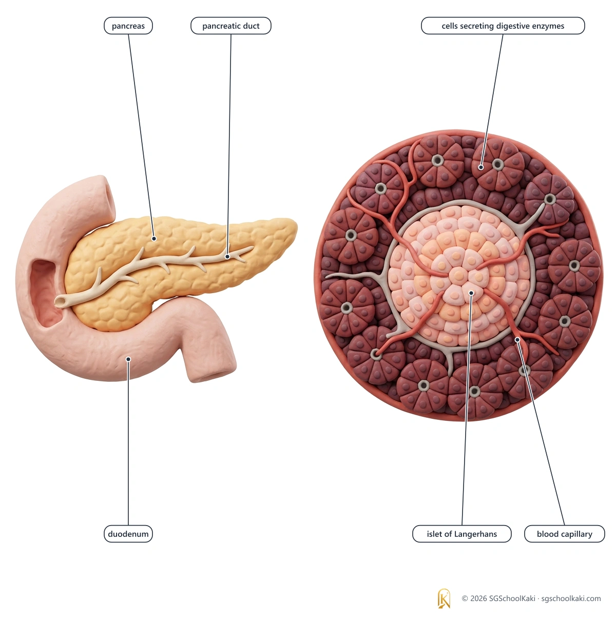 Labelled diagram: Left: the pancreas beside the duodenum, with the pancreatic duct. Right: an enlarged view with an islet of Langerhans, blood capillaries and cells secreting digestive enzymes.