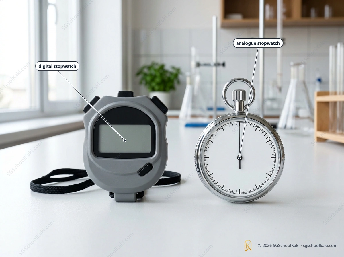 Photograph of a digital stopwatch and an analogue stopwatch side by side