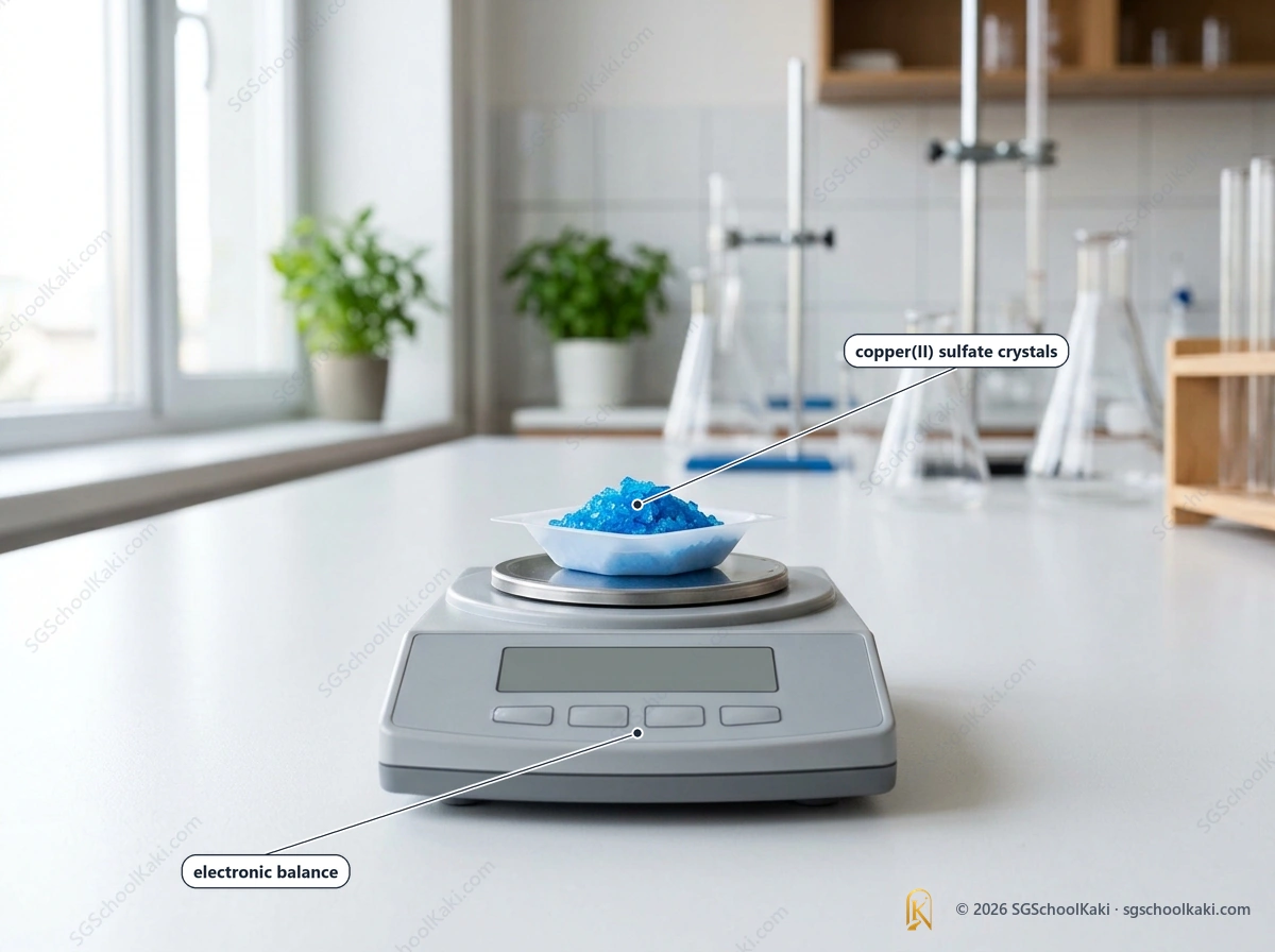 Photograph of an electronic balance with crystals in a weighing boat on the pan