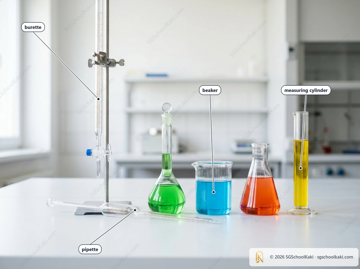 Photograph of a burette, a pipette, a measuring cylinder and a beaker standing together on a laboratory bench