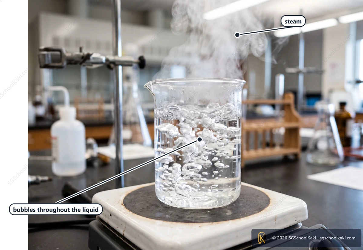 Photograph of water boiling vigorously in a clear glass beaker on a hotplate in a school laboratory, large bubbles rising through the whole liquid, a plume of white steam above the beaker. Labelled: bubbles throughout the liquid, steam