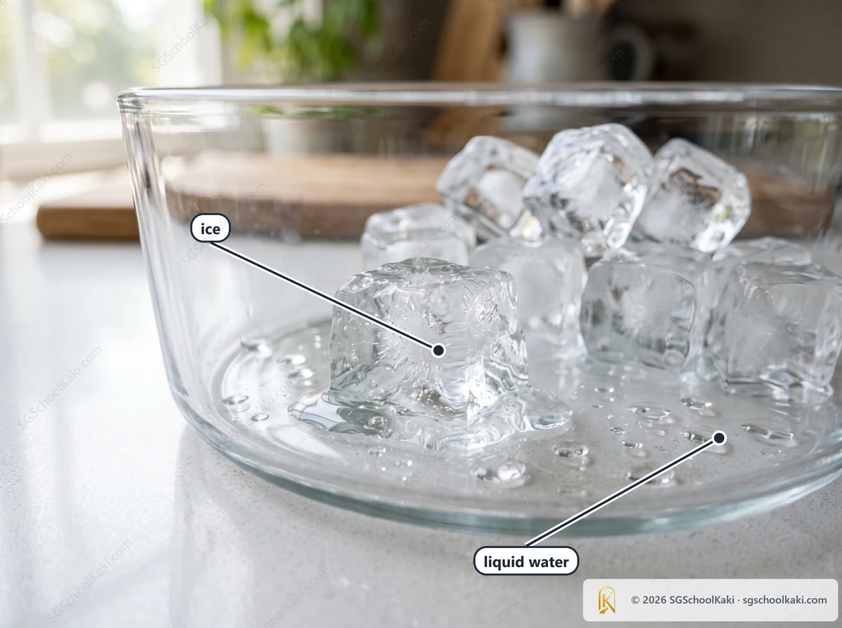 Photograph of clear ice cubes in a plain glass bowl on a white kitchen counter, the front cube half melted with a pool of clear water and bright water droplets around it. Labelled: ice, liquid water