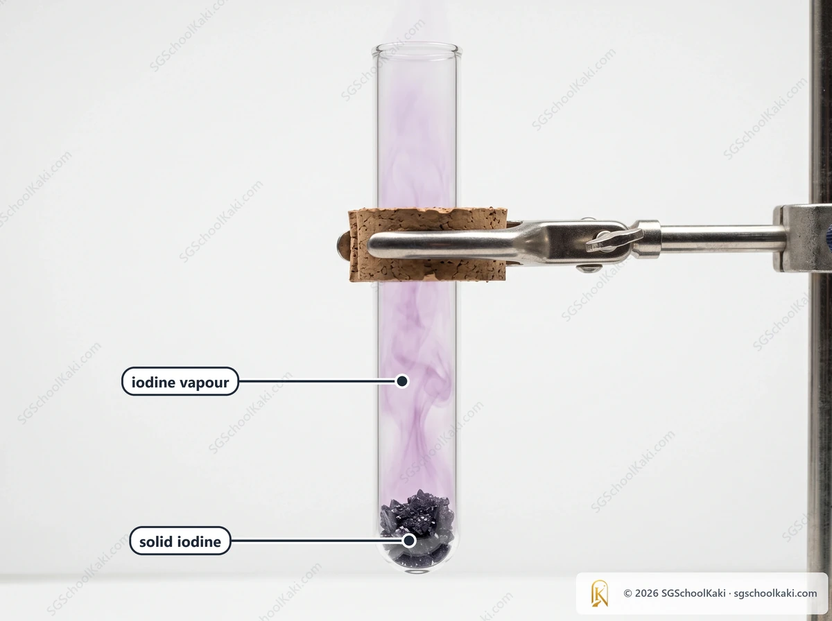 Photograph of a few dark grey-violet iodine crystals at the bottom of a clear glass test tube held in a clamp, with a pale purple vapour rising in the tube above the crystals. Labelled: solid iodine, iodine vapour