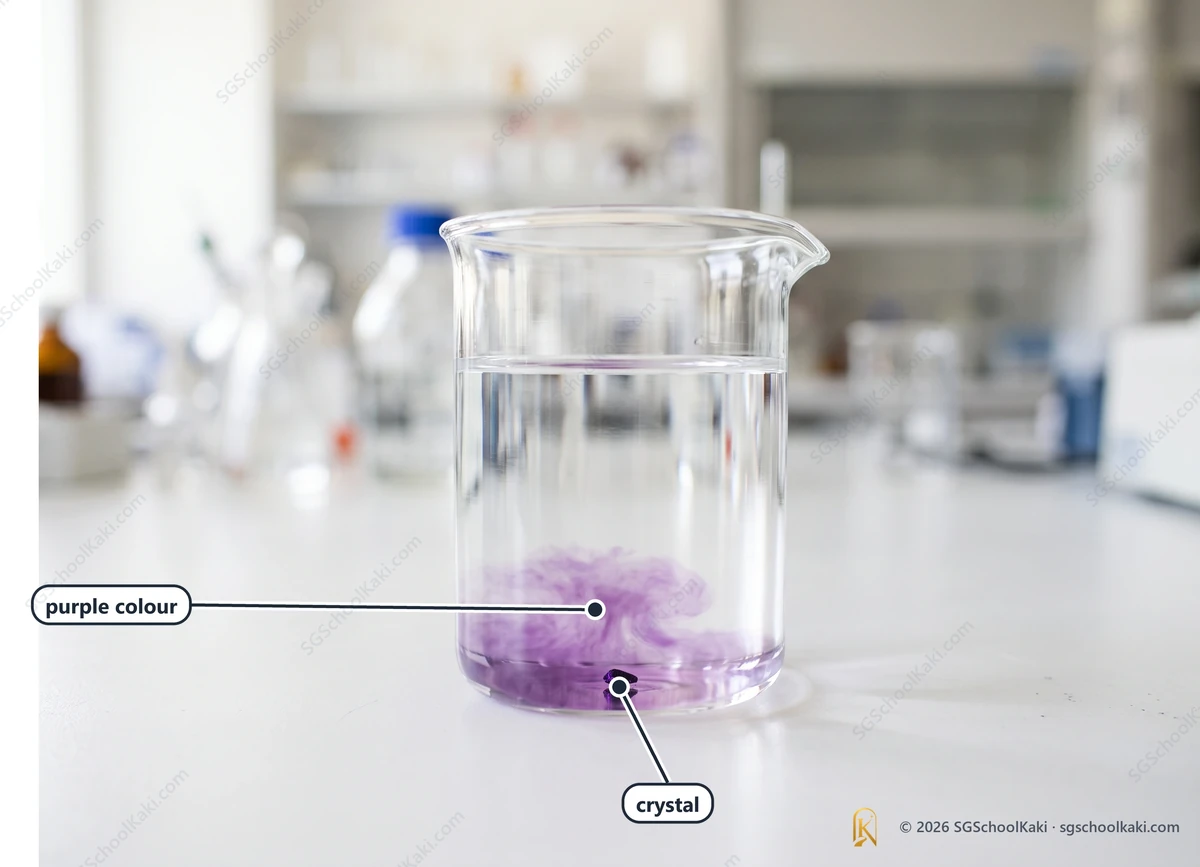 Photograph of a clear laboratory beaker of still water on a white bench, a single small dark purple crystal at the bottom with a rich purple cloud rising and spreading in the water around it. Labelled: crystal, purple colour