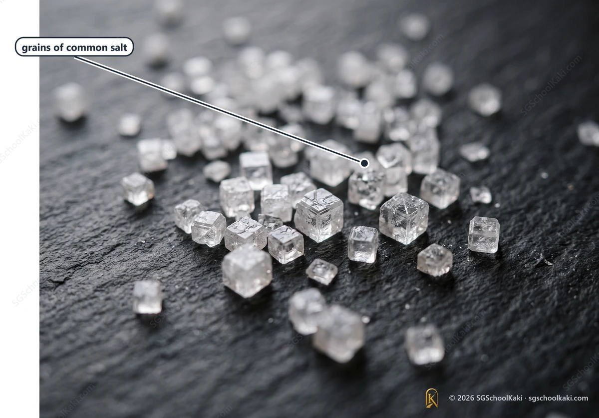 Photograph of coarse grains of common table salt on a dark slate surface, the small cubic crystals with flat faces catching the light. Labelled: grains of common salt