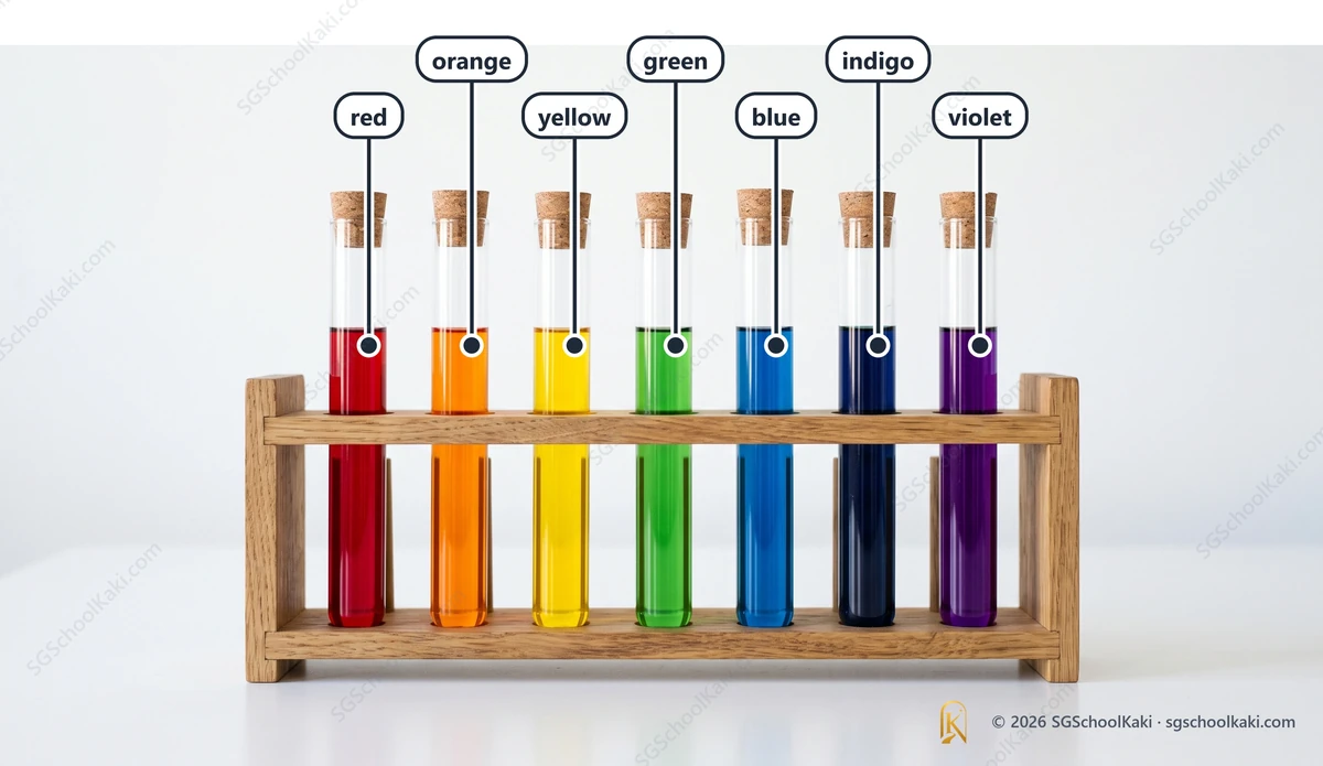 Photograph of a row of seven clear glass test tubes standing upright in a wooden rack on a white bench, each holding a liquid with Universal Indicator: red, orange, yellow, green, blue, indigo and violet in smooth order from left to right. Labelled: red, orange, yellow, green, blue, violet