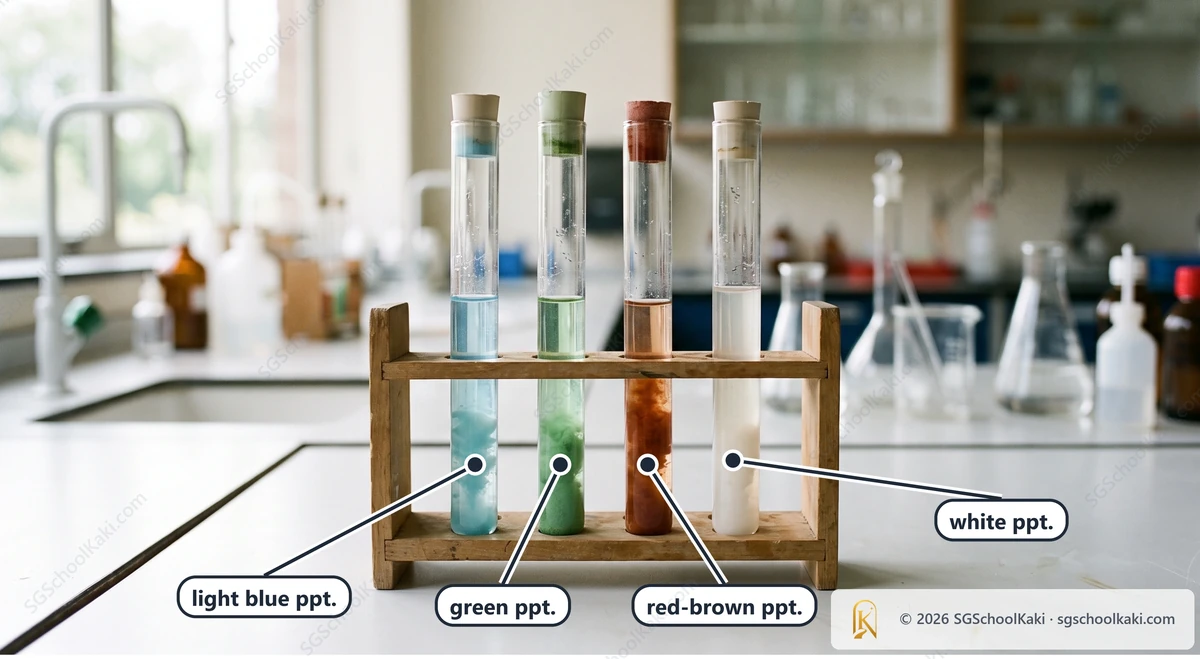 Photograph of four clear glass test-tubes standing in a plain wooden rack on a white laboratory bench, each holding a cloudy precipitate in a pale liquid: a light blue one, a green one, a red-brown one and a white one. Labelled: light blue ppt., green ppt., red-brown ppt., white ppt.