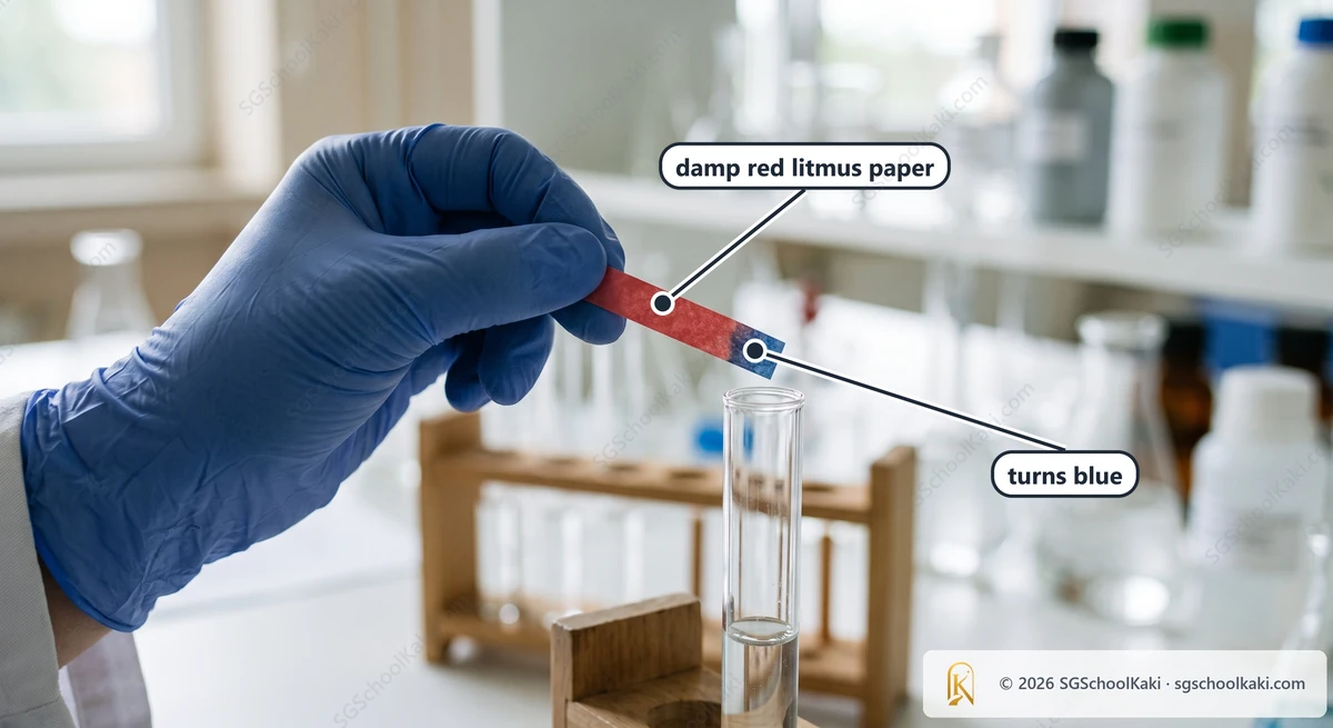 Photograph of a gloved hand holding a strip of red litmus paper that has turned blue at its tip, held just above the open mouth of a glass test-tube on a white bench. Labelled: damp red litmus paper, turns blue