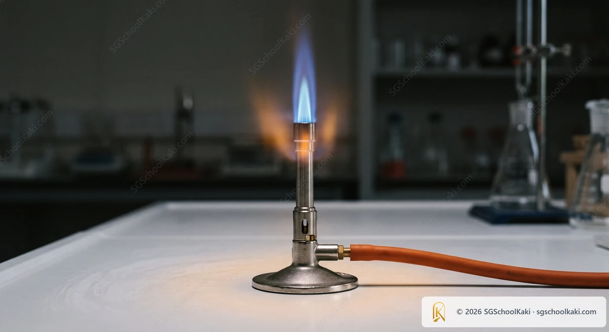 Photograph of a lit Bunsen burner with a clean blue flame on a white laboratory bench, a faint warm glow around the flame, dark neutral background