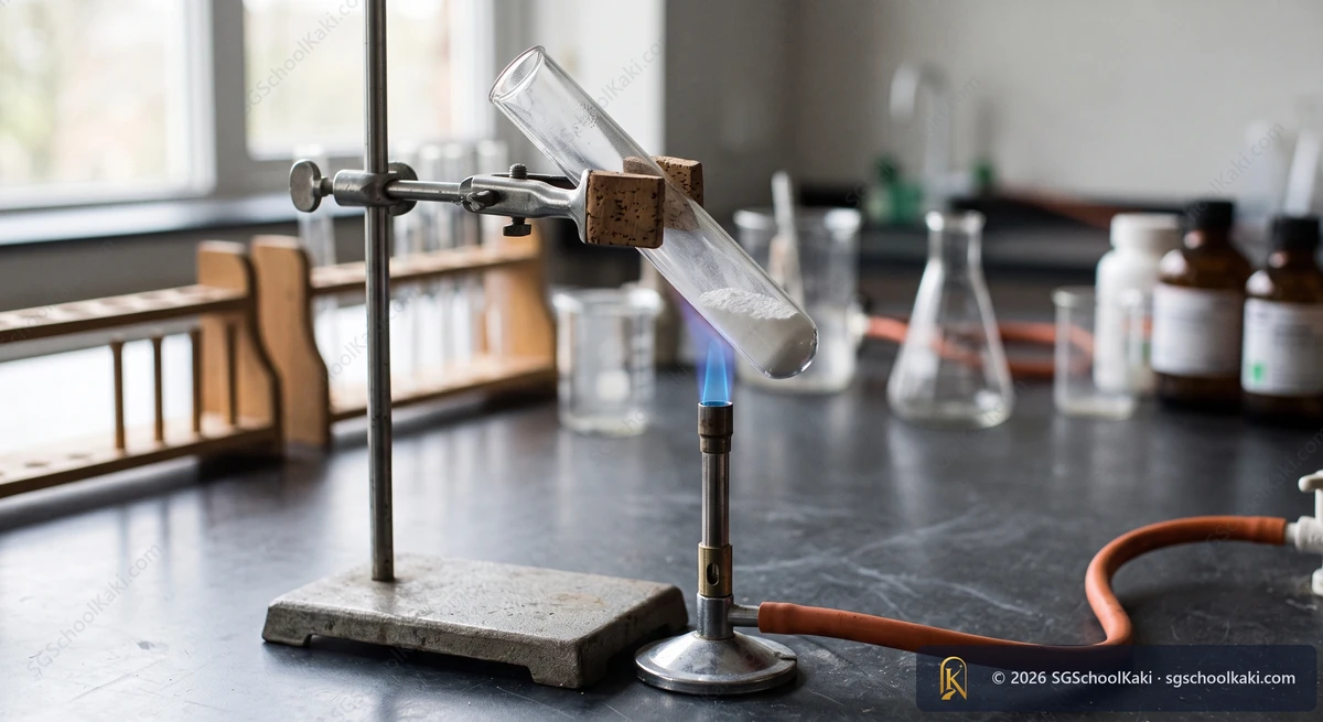 Photograph of a hard glass test-tube containing white powder held in a clamp and heated by a blue Bunsen flame on a school laboratory bench