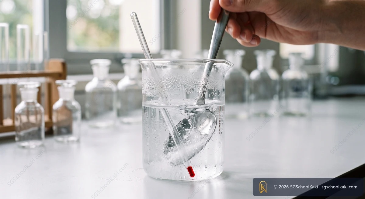 Photograph of a clear glass beaker of water with a spoonful of white crystals being stirred in, the outside of the beaker covered with fine droplets of condensation as if cold, a glass thermometer standing in the water. White laboratory bench
