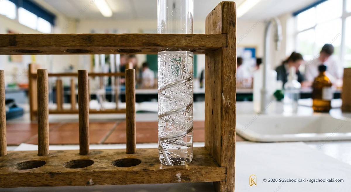 Photograph of a clear glass boiling tube held in a wooden rack with a coil of silver magnesium ribbon fizzing with small bubbles in a colourless liquid