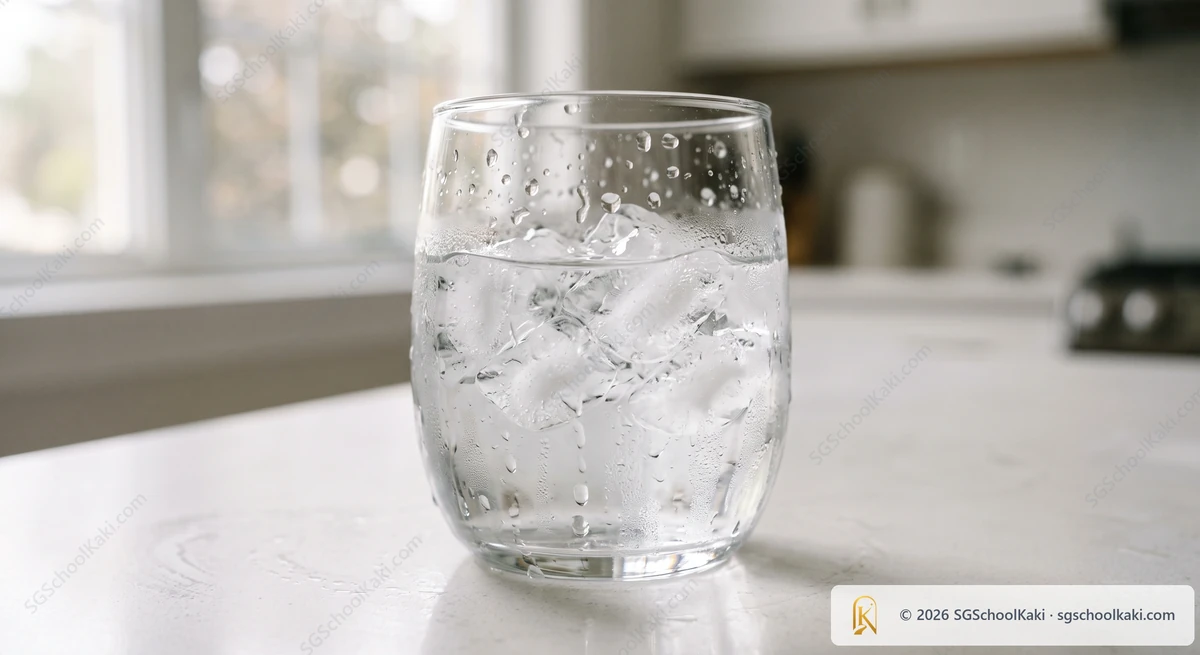 Photograph of a clear glass of ice cubes that are partly melted, with water droplets of condensation running down the outside of the glass, on a plain light kitchen surface