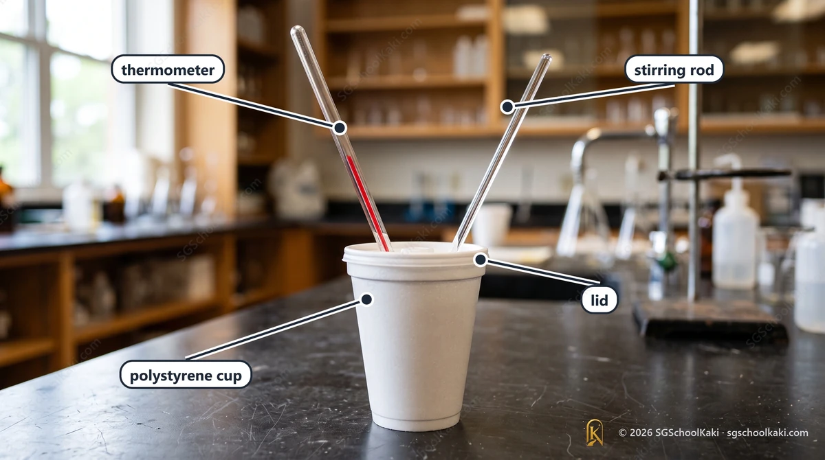Photograph of a white polystyrene foam cup with a lid standing on a plain white laboratory bench, a glass thermometer passing through a hole in the lid and a glass stirring rod through a second hole. Labelled: polystyrene cup, lid, thermometer, stirring