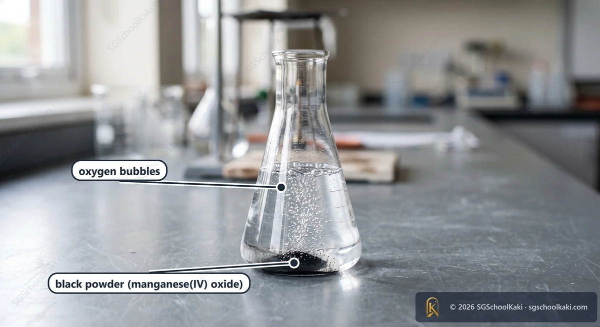 Photograph of a glass conical flask half full of colourless liquid with a little black powder at the bottom and many fine bubbles rising through the liquid, plain school laboratory bench. Labelled: oxygen bubbles, black powder (manganese(IV) oxide)