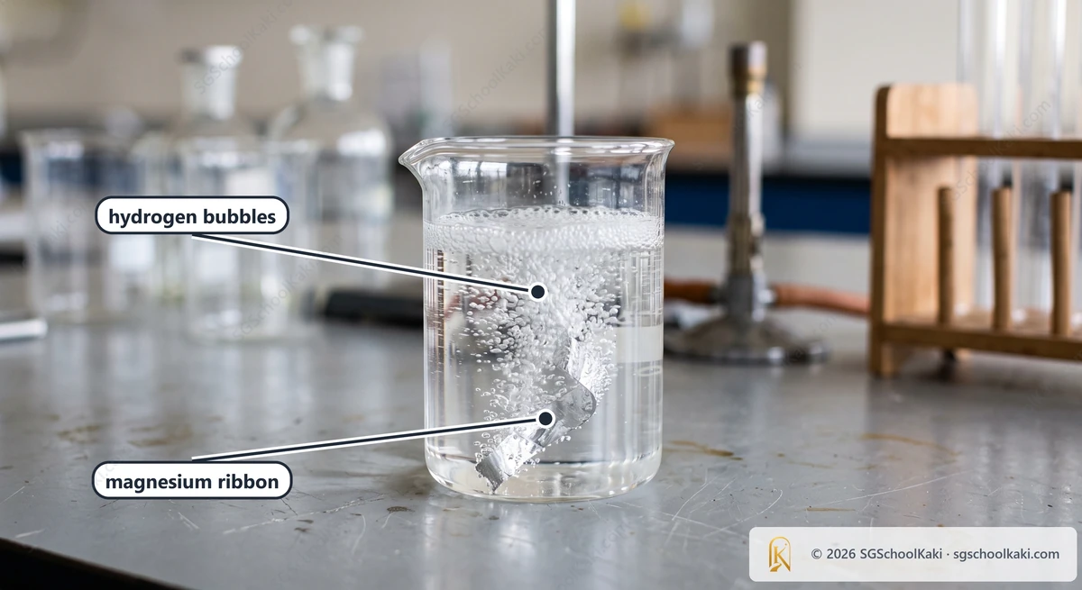 Photograph of a short strip of shiny magnesium ribbon sitting in a glass beaker of colourless liquid with fine bubbles streaming off it, school laboratory bench. Labelled: magnesium ribbon, hydrogen bubbles