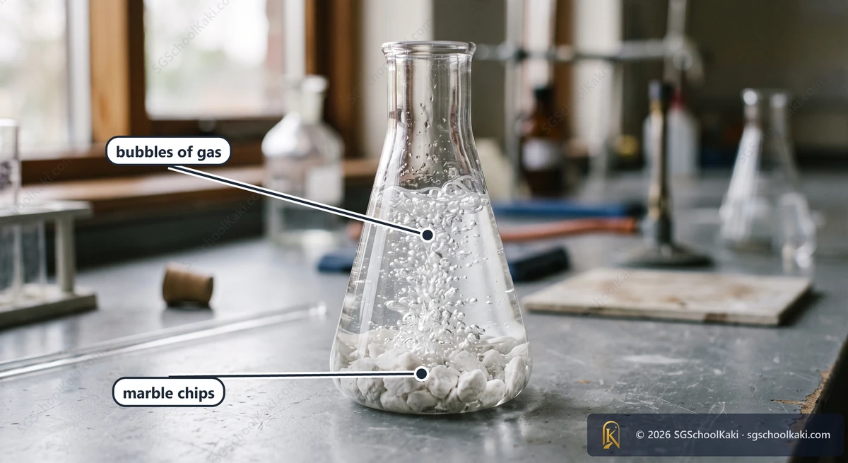 Photograph of white marble chips at the bottom of a clear glass conical flask half full of colourless liquid, with many small bubbles rising from the chips, on a clean school laboratory bench. Labelled: marble chips, bubbles of gas