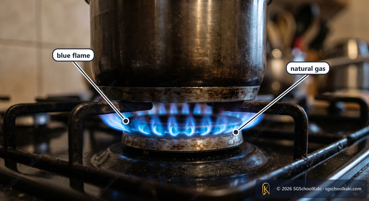 Photograph of a blue gas flame ring burning on a kitchen hob under a steel pot. Labelled: blue flame, natural gas