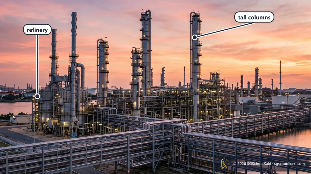Photograph of a modern oil refinery at dusk: several tall slim distillation columns with steel pipework, warm sky. Labelled: refinery, tall columns