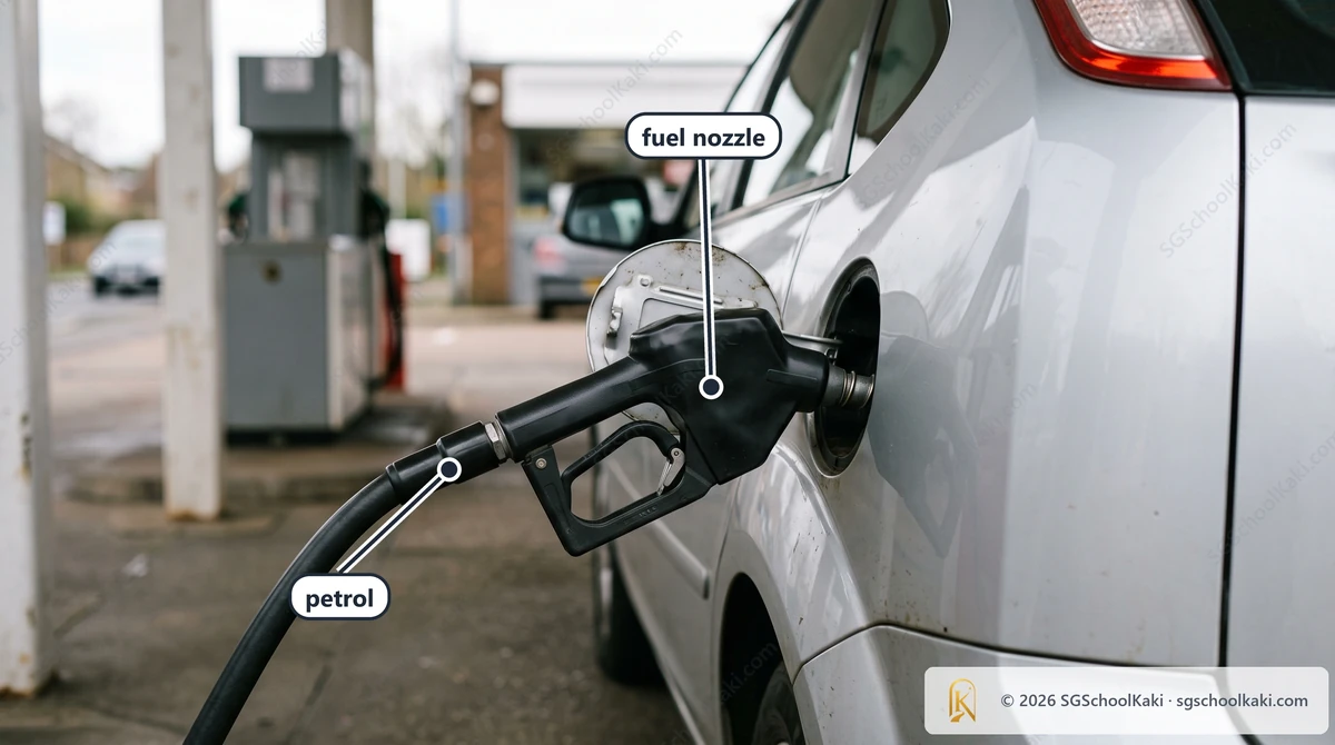 Photograph of a car being refuelled at a petrol station, a fuel nozzle in the car's filler neck, side view. Labelled: petrol, fuel nozzle