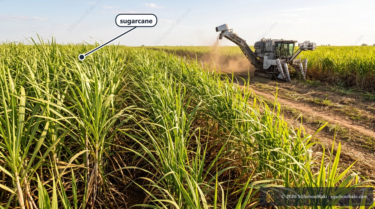 Photograph of a green sugarcane field with tall jointed cane stalks and long leaves, a harvester working in the background. Labelled: sugarcane