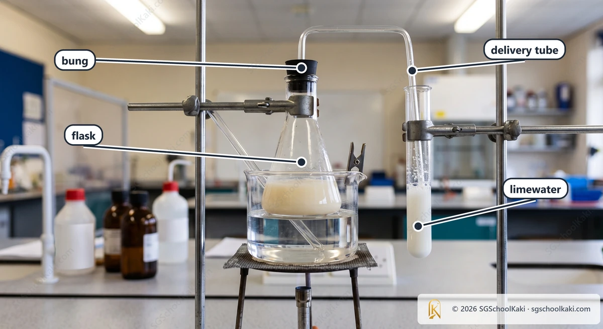 Photograph of a school chemistry laboratory with a conical flask standing in a warm water bath, holding a cloudy cream-coloured liquid, closed with a rubber bung and a glass delivery tube leading into a test tube of milky limewater with small bubbles rising, clamped on a retort stand. Labelled: flask, bung, delivery tube, limewater